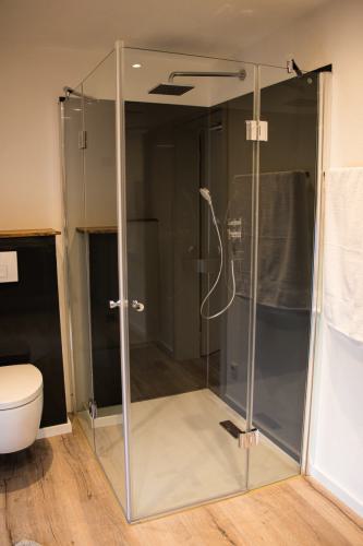 Moderne bodengleiche Dusche ausgestattet mit Handbrause, Kopfbrause und Thermostatmischer in der Ferienwohnung Fronhof