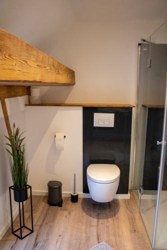 Toilette mit sichtbaren Holzbalken und hochwertigem Fußboden in der Ferienwohnung Fronhof